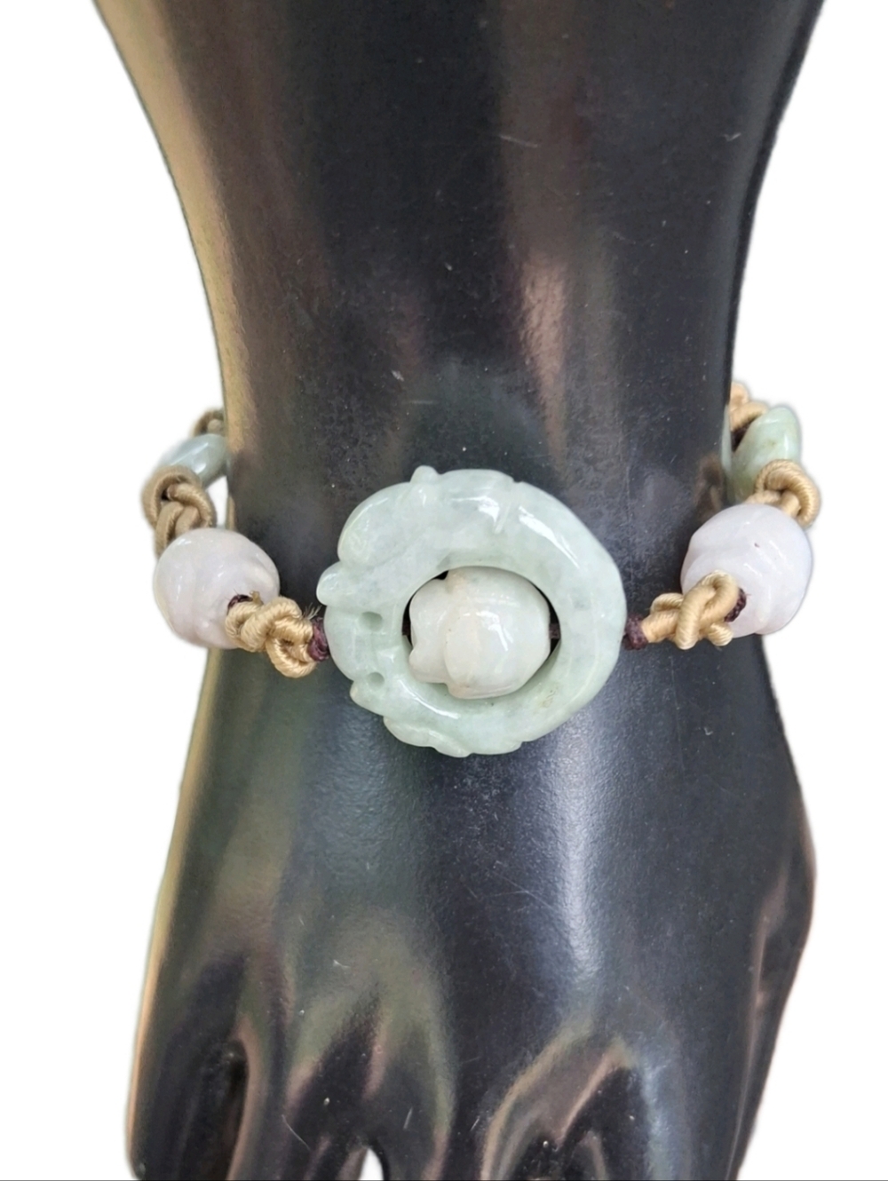 Vintage Hand-Carved Jade & Rose Quartz Macramé Slider Bracelet - Eternity Symbol